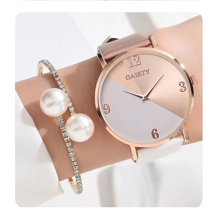 Conjunto de relógio feminino luxuoso, moderno, colorido, pulseira de couro PU, relógio de pulso de quartzo para mulheres, pulseira de liga para presente feminino RELÓGIO E PULSEIRA DE LUXO.