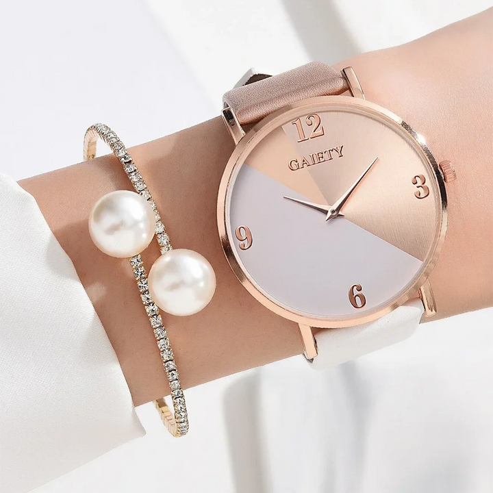 Conjunto de relógio feminino luxuoso, moderno, colorido, pulseira de couro PU, relógio de pulso de quartzo para mulheres, pulseira de liga para presente feminino RELÓGIO E PULSEIRA DE LUXO.