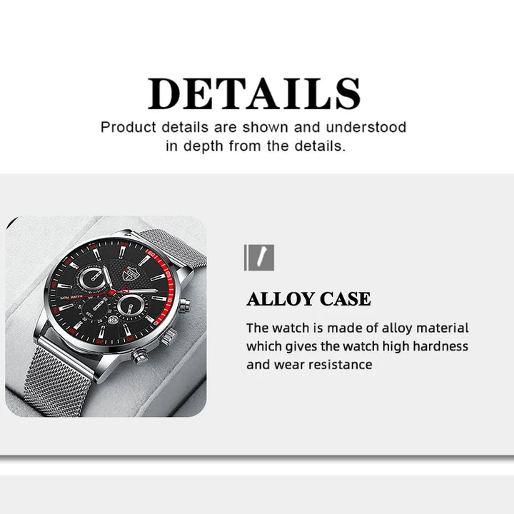 Mens Fashion Sports Watches Men Business Casual Quartz Wrist Watch Luxury Silvery Mesh Belt Watch