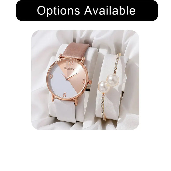 Conjunto de relógio feminino luxuoso, moderno, colorido, pulseira de couro PU, relógio de pulso de quartzo para mulheres, pulseira de liga para presente feminino RELÓGIO E PULSEIRA DE LUXO.
