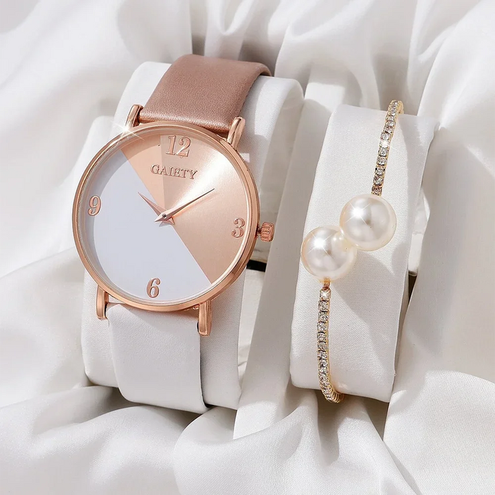 Conjunto de relógio feminino luxuoso, moderno, colorido, pulseira de couro PU, relógio de pulso de quartzo para mulheres, pulseira de liga para presente feminino RELÓGIO E PULSEIRA DE LUXO.