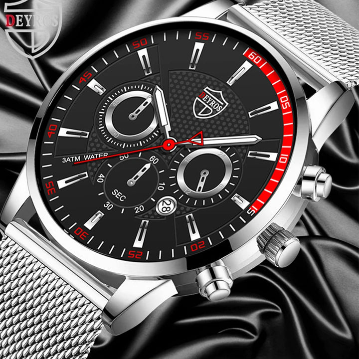 Mens Fashion Sports Watches Men Business Casual Quartz Wrist Watch Luxury Silvery Mesh Belt Watch