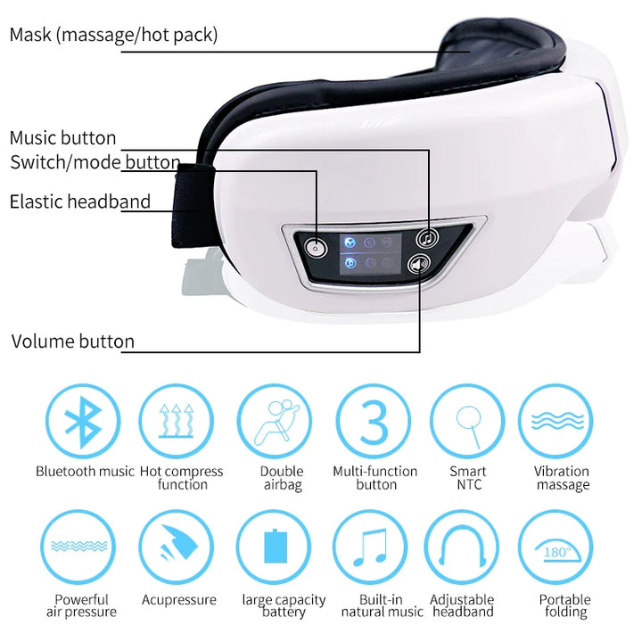 Massageador ocular de vibração de airbag inteligente de alta frequência, remove olheiras e olhos cansados, instrumento de aquecimento e música alivia a fadiga