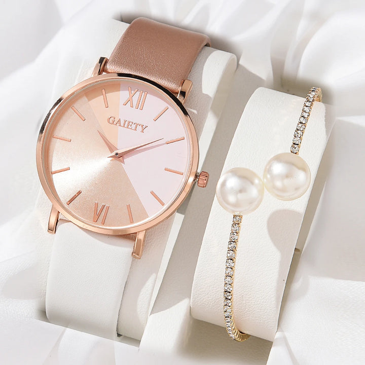 Conjunto de relógio feminino luxuoso, moderno, colorido, pulseira de couro PU, relógio de pulso de quartzo para mulheres, pulseira de liga para presente feminino RELÓGIO E PULSEIRA DE LUXO.