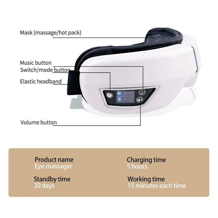 Massageador ocular de vibração de airbag inteligente de alta frequência, remove olheiras e olhos cansados, instrumento de aquecimento e música alivia a fadiga