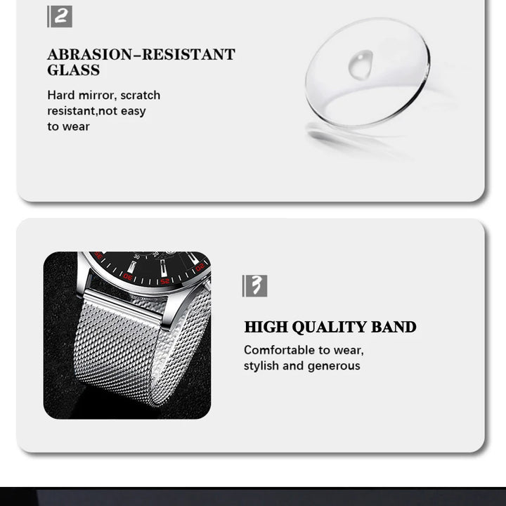 Mens Fashion Sports Watches Men Business Casual Quartz Wrist Watch Luxury Silvery Mesh Belt Watch
