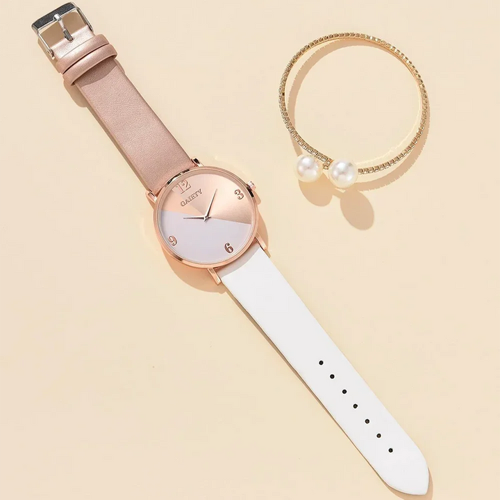Conjunto de relógio feminino luxuoso, moderno, colorido, pulseira de couro PU, relógio de pulso de quartzo para mulheres, pulseira de liga para presente feminino RELÓGIO E PULSEIRA DE LUXO.