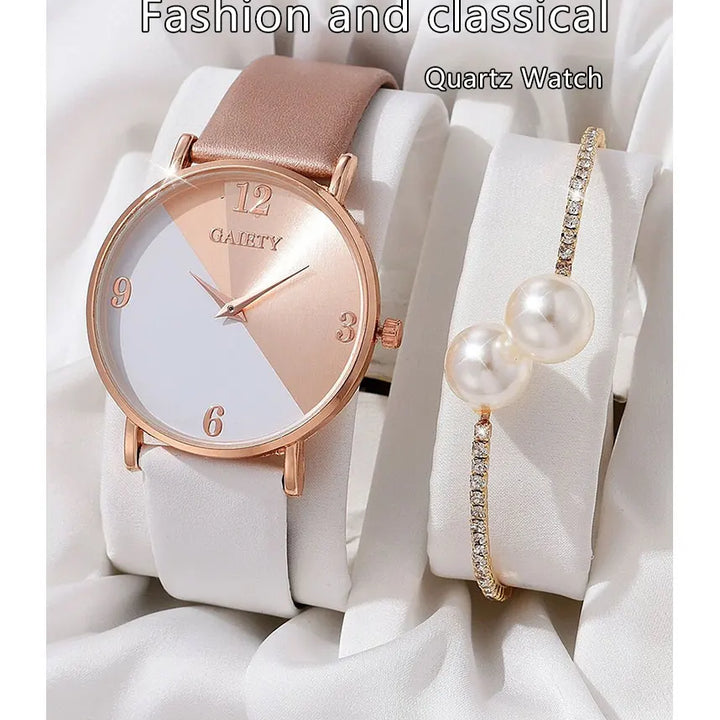 Conjunto de relógio feminino luxuoso, moderno, colorido, pulseira de couro PU, relógio de pulso de quartzo para mulheres, pulseira de liga para presente feminino RELÓGIO E PULSEIRA DE LUXO.