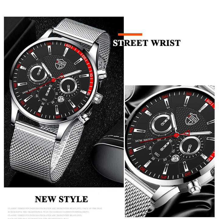 Mens Fashion Sports Watches Men Business Casual Quartz Wrist Watch Luxury Silvery Mesh Belt Watch
