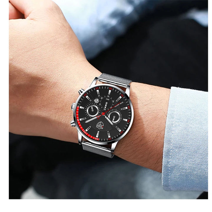 Mens Fashion Sports Watches Men Business Casual Quartz Wrist Watch Luxury Silvery Mesh Belt Watch